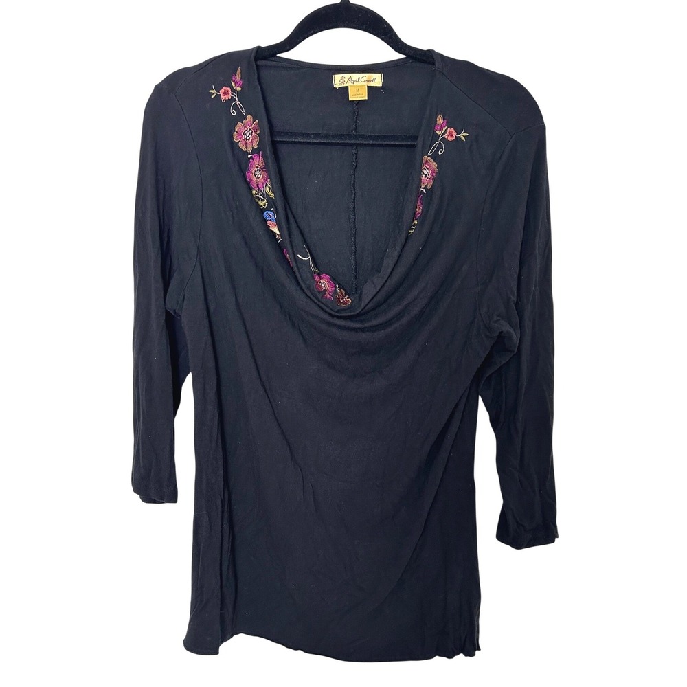 April‎ Cornell Top Women M Black Cowl Neck Embroidered Boho Floral 3/4 Sleeve